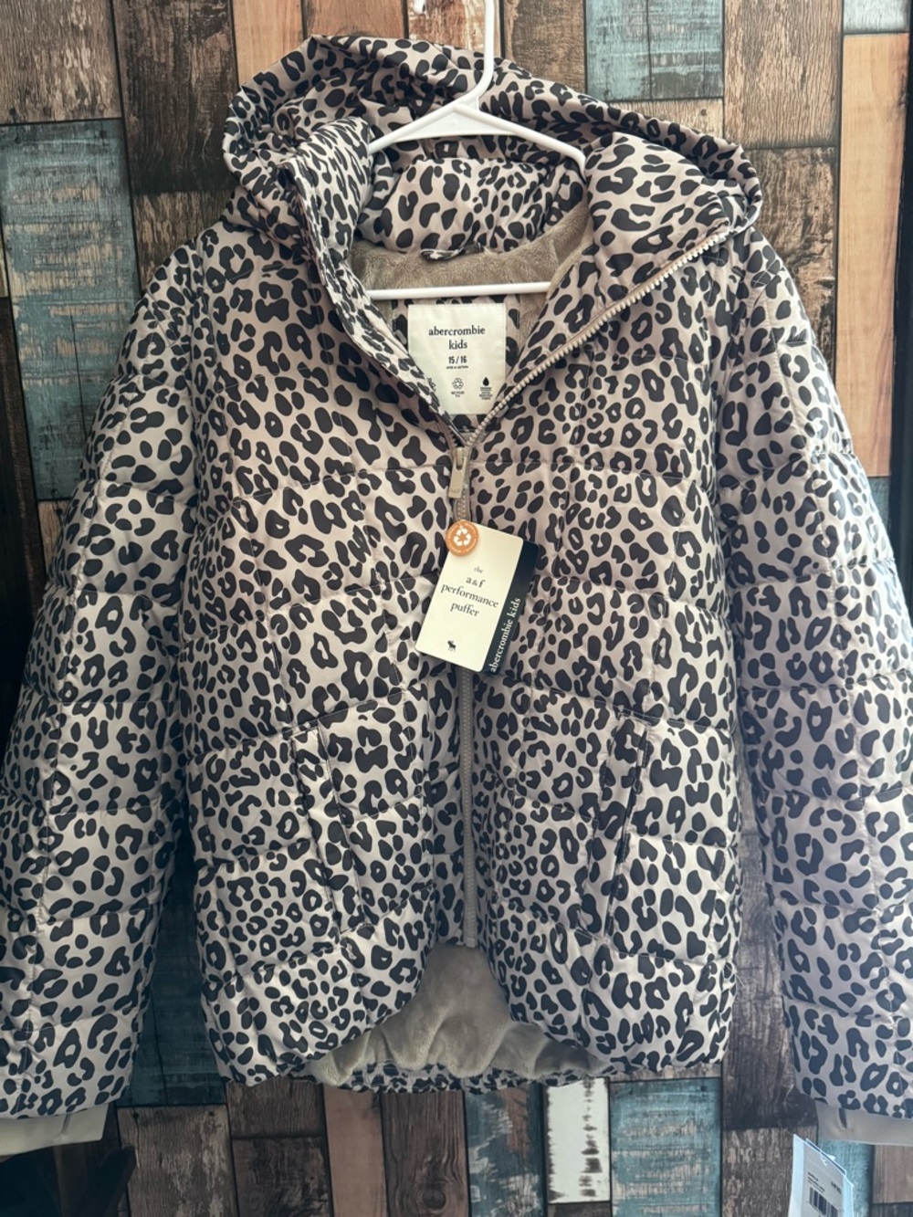 abercrombie kids Taupe Leopard Print Puffer Jacket